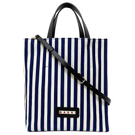 マルニ 2way バッグ ネイビー ホワイト ブラウン ストライプ SHMP0058Q2 P4171 未使用 美品 キャンバス レザー Sランク MARNI ショルダー 斜め掛け 肩掛け ハンドバッグ トートバッグ 定番 人気 レディース トート 鞄 本革 ロゴ 白 青 ブランド 本物 鑑定済み
