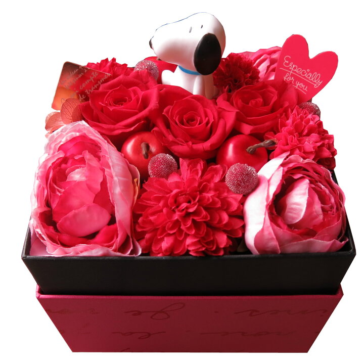 楽天市場 誕生日プレゼント スヌーピー 花 プレゼント 箱を開けてサプライズ スヌーピーマスコット入り ボックス プリザーブドフラワー 赤系 スヌーピーマスコットカラーはお任せとなります フラワーガーデンリーブス