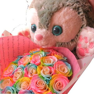 誕生日プレゼント ジェラトーニ ぬいぐるみ 大きなジェラトーニがお花を抱えた サプライズ レインボーローズ 20本 プリザーブドフラワー 花束