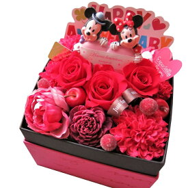 【あす楽 翌日お届け】誕生日プレゼント 彼女 ミッキー 赤バラ入り 花束風 ギフト 箱を開けてサプライズ プーさん ミッキ ミニー入り ボックス プリザーブドフラワーミッキ ミニー ハート