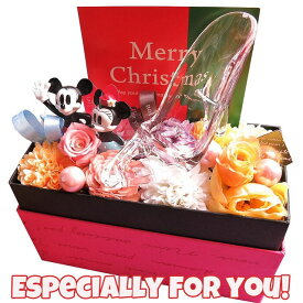 【クリスマスプレゼント 恋人 ガラスの靴】 ミッキー ミニー プリザーブドフラワー入りギフト 花束風 箱を開けてサプライズ 横長ボックス