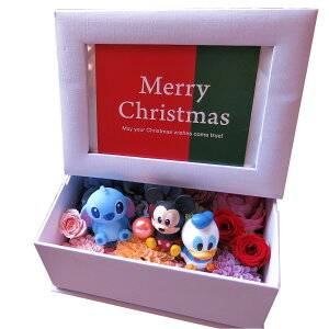 クリスマスプレゼント ディズニーキャラクターおまかせマスコット3個入り 写真立て フォトフレーム 花 プレゼント プリザーブドフラワー入り