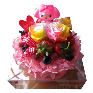 誕生日プレゼント マイメロ マスコット入り 花 レインボーローズ プリザーブドフラワー入り マイメロディ ケーキ フラワーギフト ケース付き