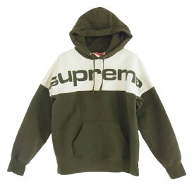 Supreme シュプリーム 17AW Blocked Hooded Sweatshirt ブロックド ロゴ プリント バイカラー スウェット プルオーバー パーカー モスグリーン系 S メンズ【古着】【中古】