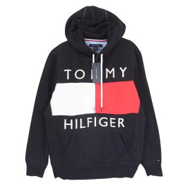 TOMMY HILFIGER トミーヒルフィガー フロント刺繍ロゴ スウェットパーカー ブラック系 M 【美品】 メンズ【古着】【中古】