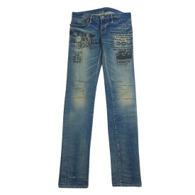 HYSTERIC GLAMOUR ヒステリックグラマー JEANS THE NEWYORK 英字プリント スタッズ 5ポケット スキニー デニムパンツ ジーンズ インディゴブルー系 XS レディース【古着】【中古】