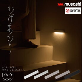 【ランキング1位！】 ≪メール便≫ かげあかり センサーライト KA-01 室内 充電式 USB typeC 照明 壁面 フラット形状 間接照明 自動点灯 熱センサー 電池不要 ライト 固定ピン おしゃれ デザイン インテリア ムサシ MUSASHI コンパクト 屋内 防犯 防災 [M便 1/2]