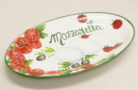イタリア製 輸入雑貨 ディナープレート パスタ皿 トマト モッツェレラチーズ オリーブ リビングスタジオ 直輸入 楕円 バッサーノ P2-5630MO