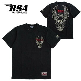 BSA ビーエスエー メンズ 半袖Tシャツ カラー：BLACK オートバイ バイク スカル 刺繍
