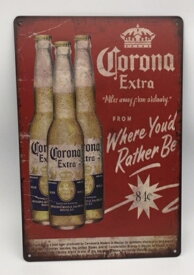 送料無料　コロナ ビール ボトル3本　赤 金属製 メタルサインプレート DINNER コローナ エクストラ メキシコ CORONA Extra BEER 看板　ブリキ　アンティーク　ガレージ　インテリア　広告　カフェ　店舗備品