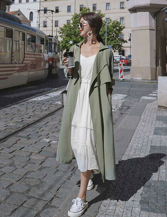 楽天市場 スプリングコート トレンチコート ウエストマーク 薄手 ロングカーディガン 春 アウター レディース ワンピース ミディアム丈 Vネック ウエストリボン Loveplus楽天市場店