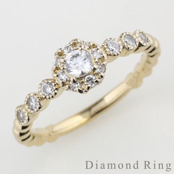 K18 ゴールド フラワー アンティーク風 ダイヤモンドリング ｋ18イエローゴールド 誕生日 指輪 自分ご褒美 