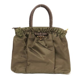 プラダ PRADA メッシュハンドル リボン 2wayショルダーバッグ ハンドバッグ カーキ系【中古】