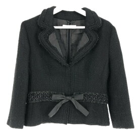PRADA プラダ 装飾ビジュー リボン付き テーラードジャケット ツイード/ウール ブラック【中古】 レディース