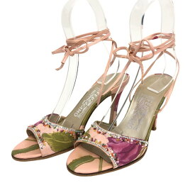 Salvatore Ferragamo サルヴァトーレフェラガモ レースアップ ビジュー付 サンダル サテン ピンク 24.5cm相当【中古】 レディース