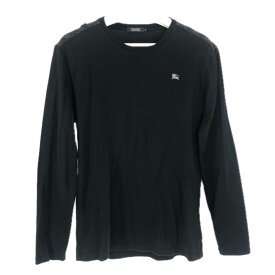 BURBERRY BLACK LABEL バーバリーブラックレーベル 長袖カットソー ロゴ刺しゅう 肩チェック柄 BMV57-307-09 コットン ブラック サイズ3(L相当)【中古】メンズ