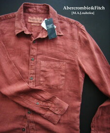 5265新品★アバクロンビー＆フィッチ Abercrombie&Fitch★ヴィンテージ裾ロゴ麻リネン100シャツ3201★茶系★XS★MENS