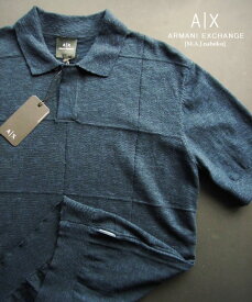 9649-51新品★アルマーニエクスチェンジ ARMANI EXCHANGE★麻リネン裾ロゴポロニット3301★紺★MENS★