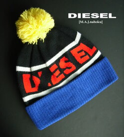 8091-2新品★ディーゼル　DIESEL★ボン付ロゴニット帽★赤ロゴ黒青★MENS