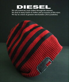 5199新品★ディーゼル　DIESEL★デザインニット帽革タグボーダー★赤黒★男女兼用