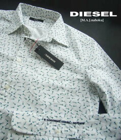 8207-9新品★ディーゼル　DIESEL★袖ロゴ刺繍デザイン柄シャツK131★白系青緑★MENS★