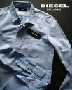 7939-57新品★ディーゼル　DIESEL★麻リネン裾ロゴヴィンテージシャツJ102★青系★MENS★