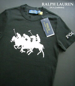 1986新品★ラルフローレン RALPH LAUREN★デザイン袖刺繍ロゴTシャツK231★黒★XS★WOMENS★