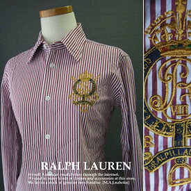 2604-5新品★ラルフローレン RALPH LAUREN★胸金刺繍ストライプシャツ★白エンジ★WOMENS★