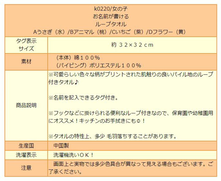 楽天市場 女の子 ループタオル お名前が書ける Aうさぎ 水 Bアニマル 桃 Cいちご 紫 Dフラワー 黄 K02 子供 こども キッズ ジュニア ループ付き タオル ハンドタオル ミニタオル ハンドタオル 綿 コットン 2k5 Zm1 Yob22 Wfb すまいるまこ