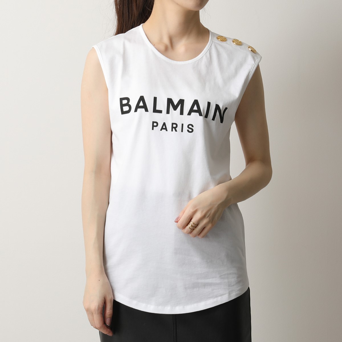 BALMAIN バルマン VF11000 B001 ノースリーブ タンクトップ クルーネック Tシャツ カットソー ロゴT ボタン装飾  GAB/Blanc レディース | インポートセレクト musee