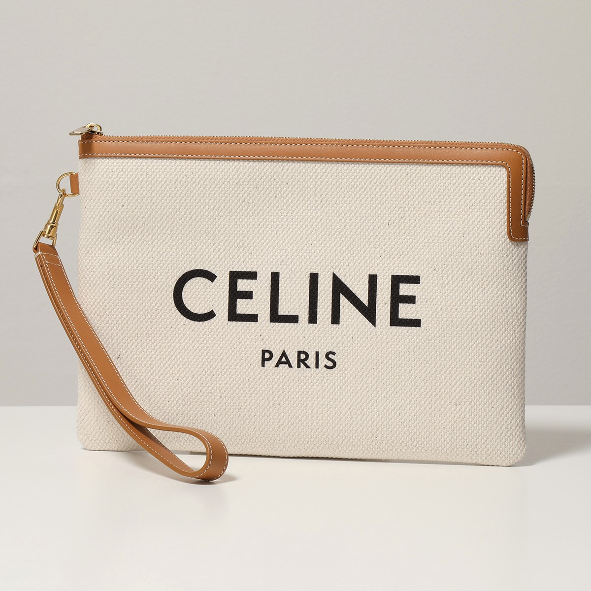 CELINE セリーヌ 10E632CO8.02VG Small Pouch with strap キャンバス×レザー クラッチバッグ ポーチ  リストレット付き 鞄 02VG/Natural レディース | インポートセレクト musee