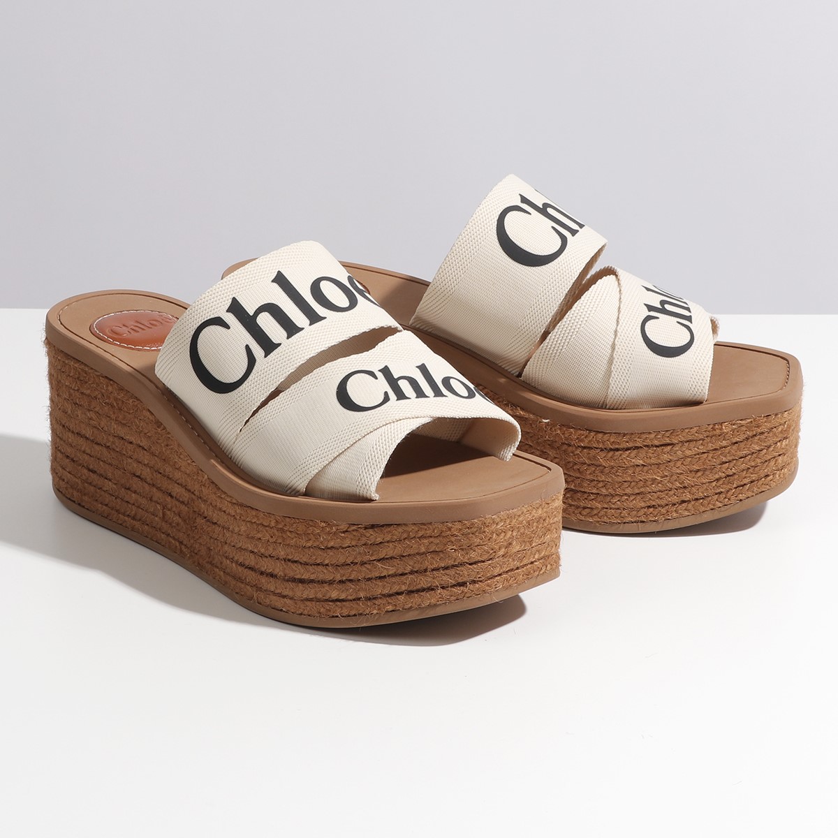 Chloe クロエ CHC21U44908 WOODY ウッディ ウェッジミュール サンダル 厚底 ロゴバンド プラットフォーム エスパドリーユ  ジュート 靴 101/White レディース | インポートセレクト musee