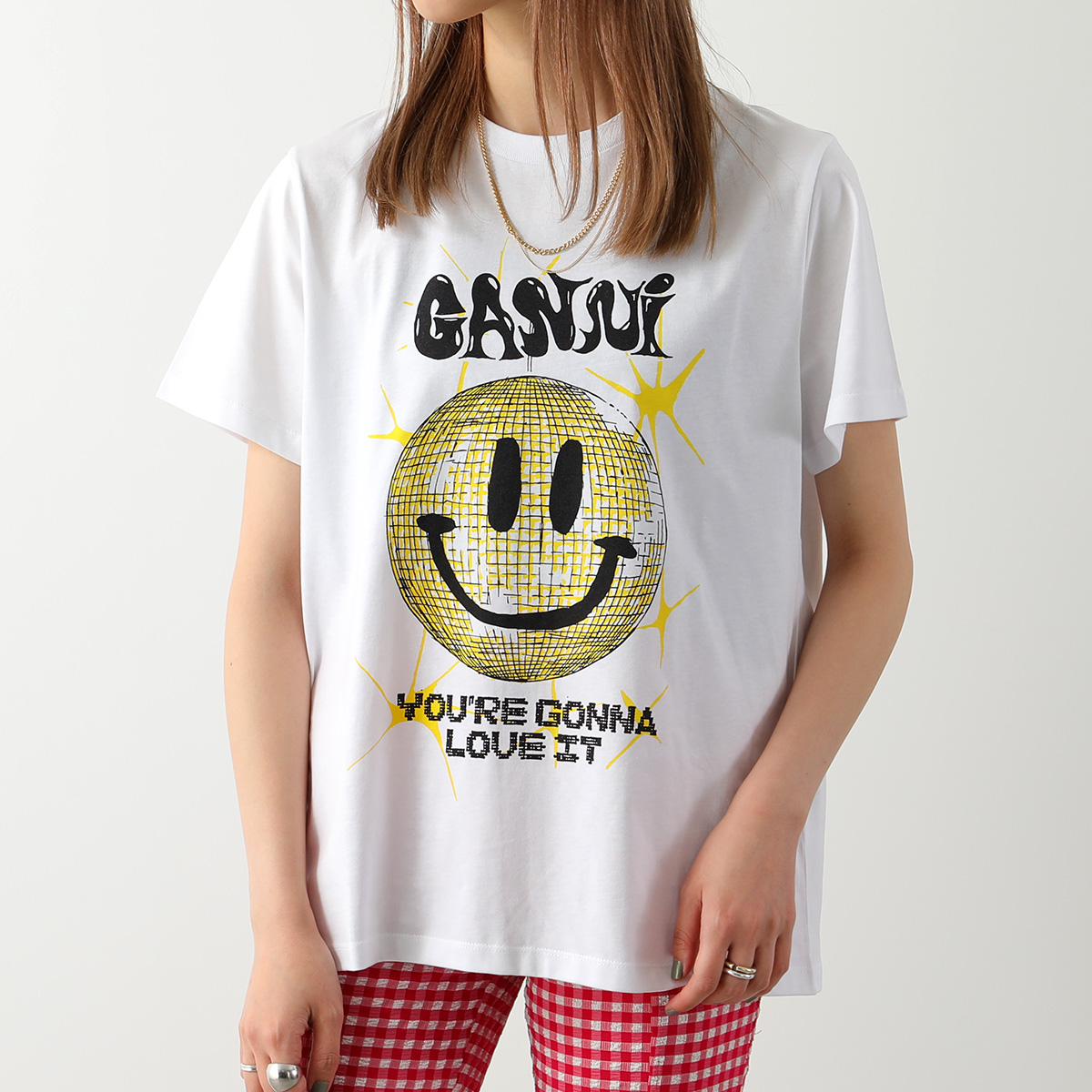GANNI ガニー Tシャツ JERSEY SMILEY RELAXED T SHIRT T3356-3575 T3359-3578 レディース  コットン 半袖 スマイル ロゴT カラー2色 | インポートセレクト musee