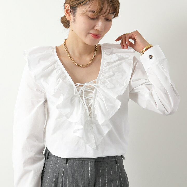 楽天市場】GANNI ガニー ブラウス Cotton Poplin Ruffle V-neck Blouse 