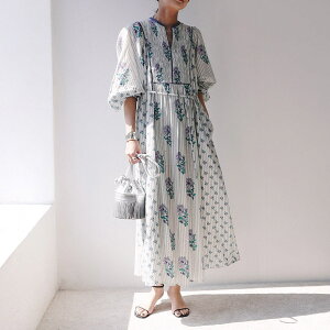 ne Quittez pas �k�L�e�p �����s�[�X Cotton Jacquard Lily Print Shirring Dress 010451GA1 ���f�B�[�X �R�b�g�� �X�g���C�v �{�^�j�J�����`�[�t �����O�� �h���X ���� �J���[2�F