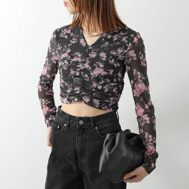 GANNI ガニー ブラウス T3930 レディース 花柄 フラワー メッシュ シアー ギャザー 長袖 クロップド丈 Vネック 252/Phantom【dc_kikaku】