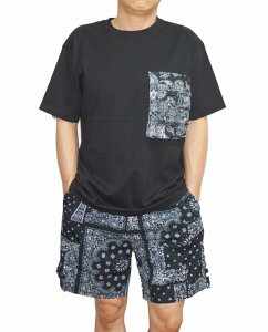 メンズ Tシャツ ショートパンツ セットアップ 黒 クラフトスタンダード ブティック 夏物 ハーフパンツ 半袖 ショーツ 短パン 上下 バンダナ柄