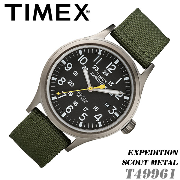 時刻合わせ点検後に出荷 宅配便で即納 ミリタリー定番モデル Timex T Expedition Scout Metal Full タイメックス エクスペディション スカウト メタル メンズ クォーツ 腕時計 ナイロンベルト グリーン 並行輸入 新品 送料無料 沖縄は一部ご負担