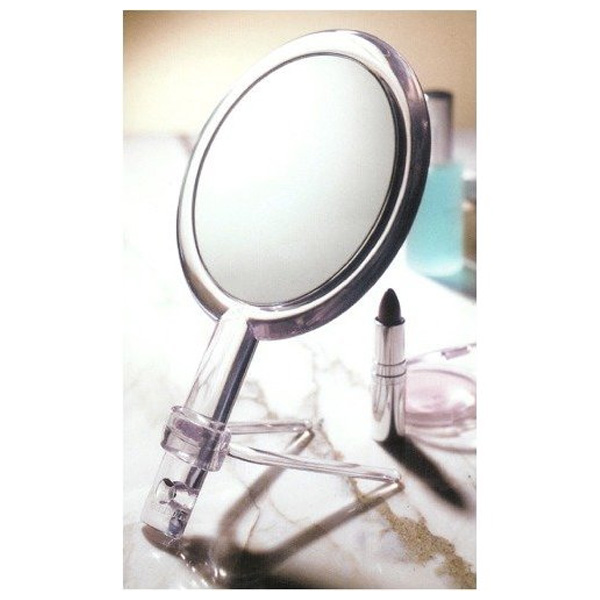 手鏡型の化粧鏡です。 Floxite(フロキサイト) / FL-10H (アクリル) 《スタンド付拡大鏡》 [鏡面 直径13cm] 【10倍率／等倍率】 - 手鏡型ミラー -