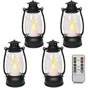 LLQ Small Lanterns Decorative, Vintage LED Candle Lanterns with Timer, Black Battery Lanterns, Table Centerpieces, Camping Decorative, Western Party Rustic Wedding Decor (4 PCS)�ċx�X�y�V����