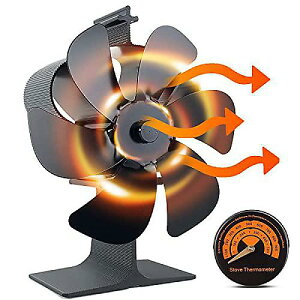 Holldoor 6 Blade Wood Stove Fan Heat Powered, Non Electric Fireplace Fan, Stove Top Thermometer�ċx�X�y�V����