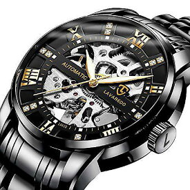A ALPS(アルプス)男性用腕時計「スケルトン」高級機械式ステンレススチール防水ブラック自動巻きローマ数字ダイヤルクリスマス セール
