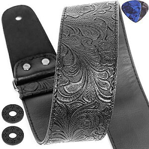Printed Leather Guitar Strap PU Leather Western Vintage 60's Retro Guitar Strap with Genuine Leather Ends for Electric Bass Guitar, Wide Adjustment Range, with Tie, Include 2 Picks, Black夏休スペシャル