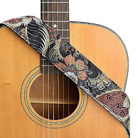 CLOUDMUSICアコースティックエレクトリックギターストラップ「ヴィンテージフローラル」刺繍ジャガード柄(ブラックの花)クリスマス セール