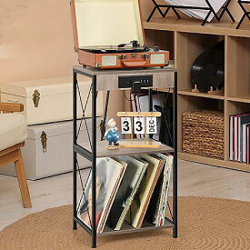 Record Player Stand Turntable Stand, Charging Station, 3-Tier Vinyl Record Storage Shelf, Greyクリスマス セール