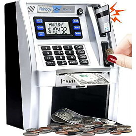 Fishboy(フィッシュボーイ) ATM貯金箱 子供用 デビットカード付き ビルフィーダー コイン認識 残高計算 電子貯金セーフボックス シルバー/ブラッククリスマス セール