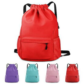 Drawstring Backpack 防水 メンズ・ウィメンズ スポーツジムバッグ サイドポケット付き（レッド）新生活応援