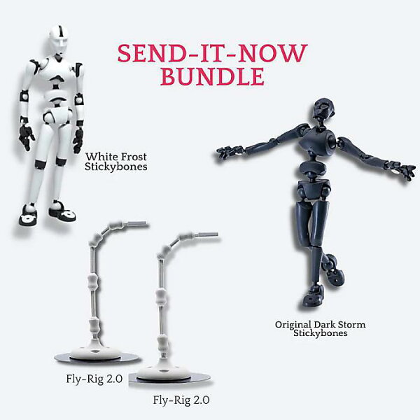 Stickybones(スティッキーボーンズ) / Send-It-Now Bundle (White Frost) 可動式ポーズフィギュア 2体 + Fly-Rig 2.0 ×2 セット デッサン人形 ポーズモデル アーティスト用新生活応援