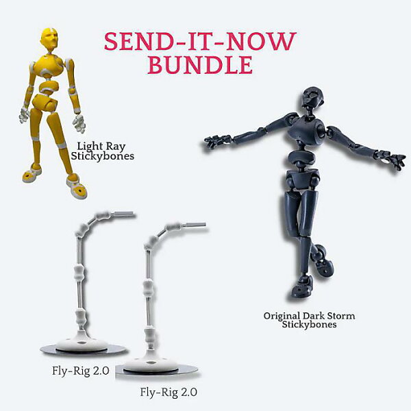 Stickybones(スティッキーボーンズ) / Send-It-Now Bundle (Light Ray) 可動式ポーズフィギュア 2体 + Fly-Rig 2.0 ×2 セット デッサン人形 ポーズモデル アーティスト用新生活応援