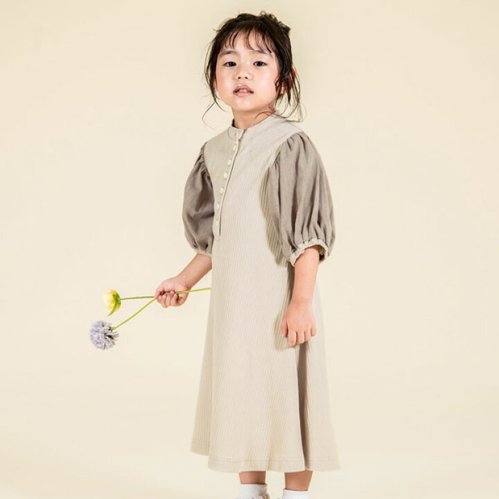 <日替わりセール☆50%OFF>2023夏【ampersand premier/アンパサンド プルミエ】切替 パフスリーブ ワンピース≪80cm 90cm 100cm 110cm 120cm 130cm 140cm≫キッズ スカート ベビー シンプル かわいい 綿 無地 DAY2 ミッキー キッズ AmpersandAmpersand premierPR異素材ワンピース120〜140cm